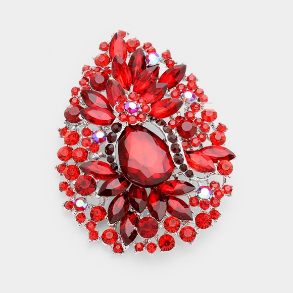 Red Rhinestone Crystal Bling 3.75 Inch Teardrop Bouquet Brooch Pin - Picture 1 of 2